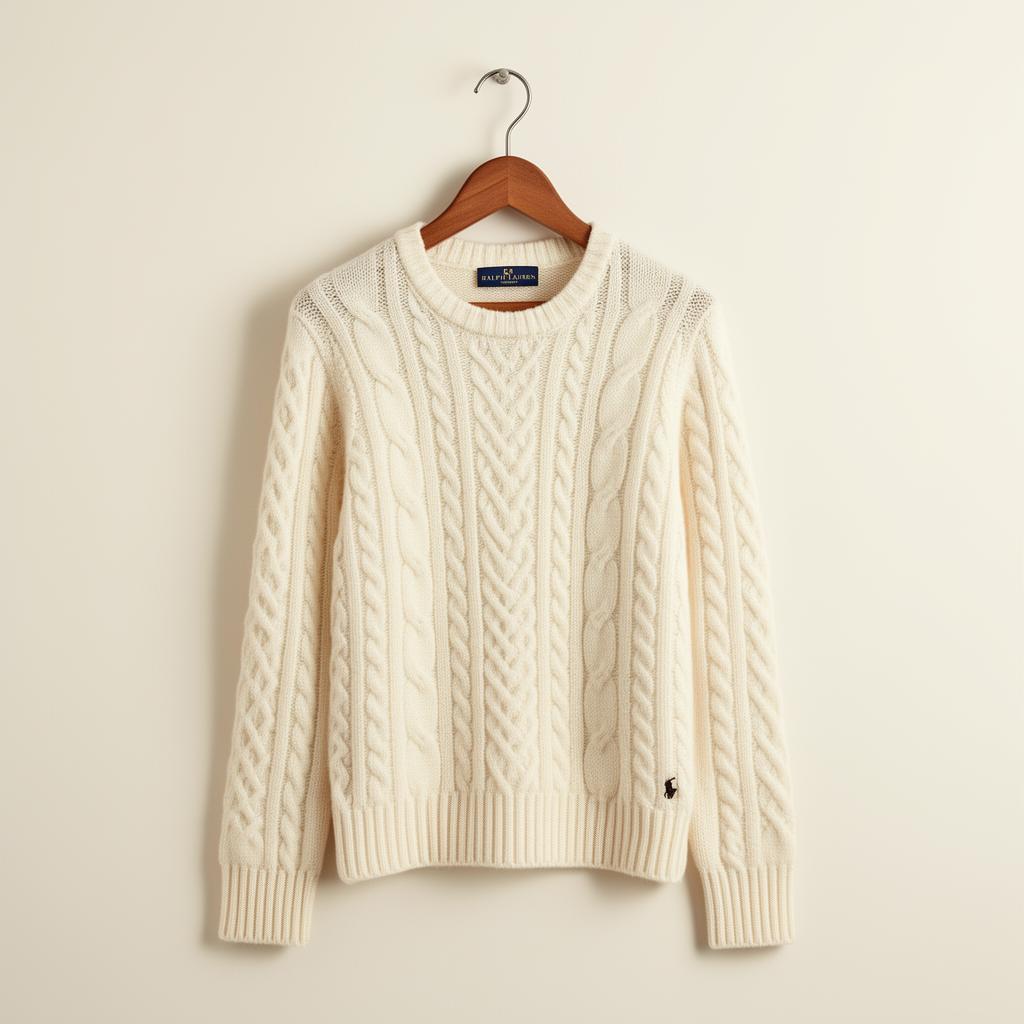 Cream Ralph Lauren cable-knit sweater on a wooden hanger against a soft studio backdrop